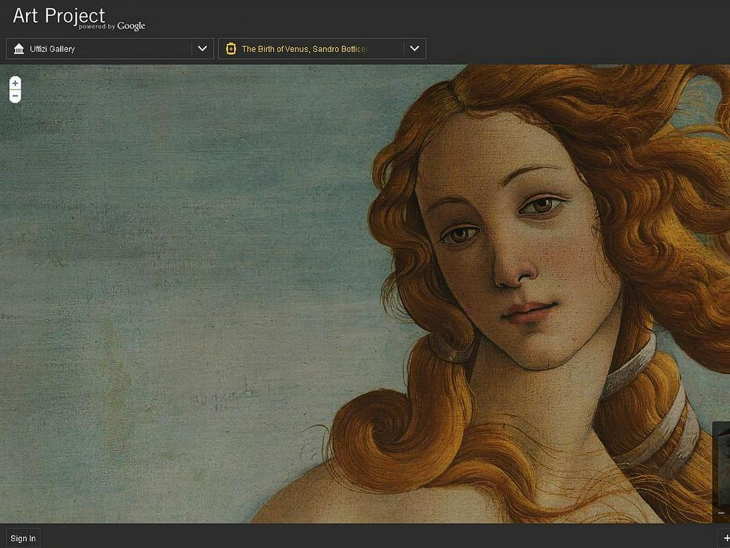 Googlov Art Project virtualno združuje 17 svetovnih muzejev, v katerih so shranjena pomembna dela velikih umetnikov. Takšna je Botticellijeva slika Rojstvo Venere v virtualni različici, izvirnik pa je razstavljen v galeriji  Uffizi v Firencah. Foto: Project Art