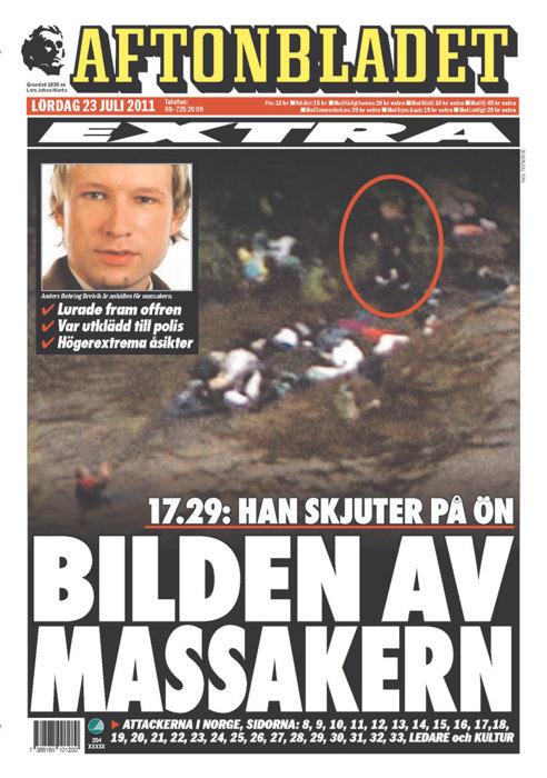 Naslovnica Aftonbladeta po Breivikovem pokolu v Oslu in na Utoyi. Foto: 