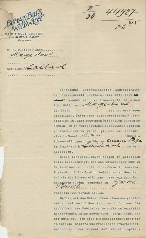 Dopis ljubjanskemu magistratu z glavo Buffalo Billovega cirkusa. Foto: Zgodovinski arhiv Ljubljana
