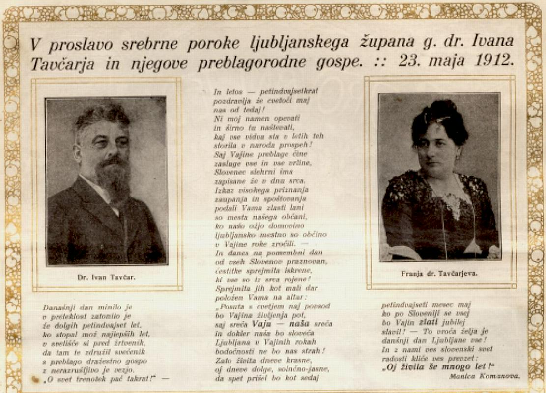 Slovenski Ilustrovani Tednik je ob srebrni poroki Tavčarjevih 23. maja 1912 izšel s pozlačenim zaglavjem, na drugi strani pa prinesel hvalospev slavljencema, okrašen z zlato obrobo. Foto: Arhiv avtorja
