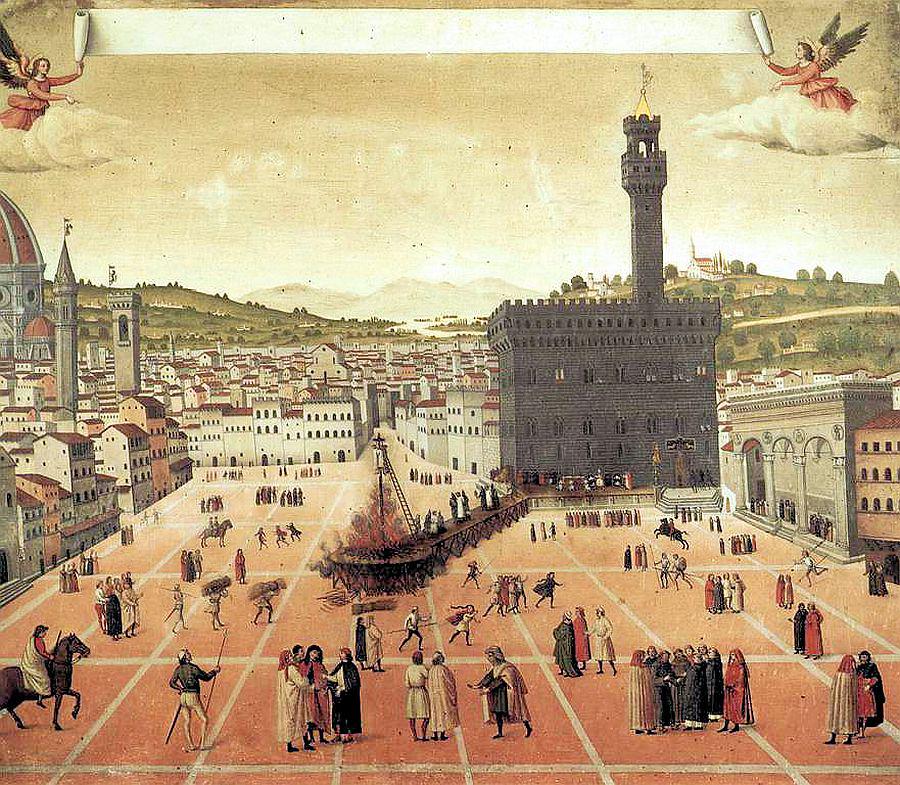 David je nastajal v času, ko se je Michelangelo vrnil v domače Firence, kjer so tri leta poprej naveličani ekstremističnih pridig Sovanorole tega pod obsodbo herezije zažgali na grmadi. Medičejci so bili pregnani, razglašena je bila florentinska republika, ki je od leta 1502 pod dosmrtno vlado gonfaloniera Piera Soderinija doživljala dneve povprečne blaginje. Foto: Wikipedia