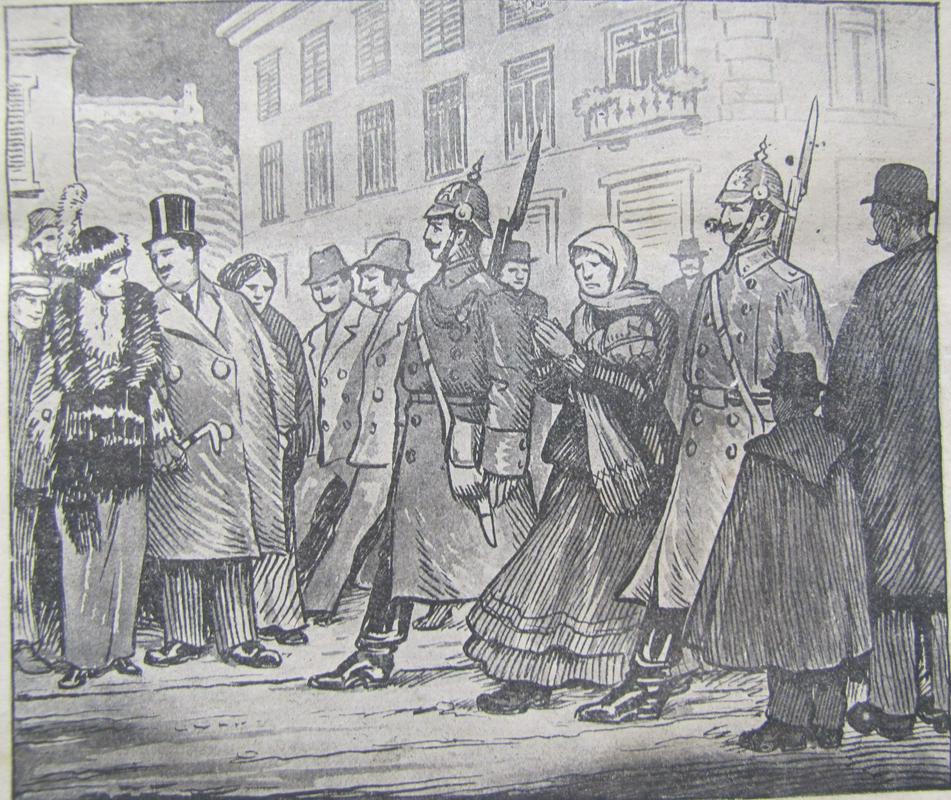 Aretacija vodiške Johance v soboto, 25. oktobra 1913, kot jo je upodobil Maksim Gaspari. Johanco peljejo v ljubljanski zapor. Foto: Arhiv avtorja