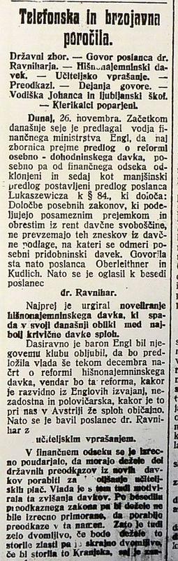 Telegram z Dunaja o Ravniharjevi razpravi v dunajskem parlamentu.