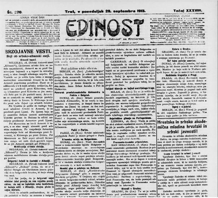 Naslovnica časopisa Edinost, 29. septembra 1913.