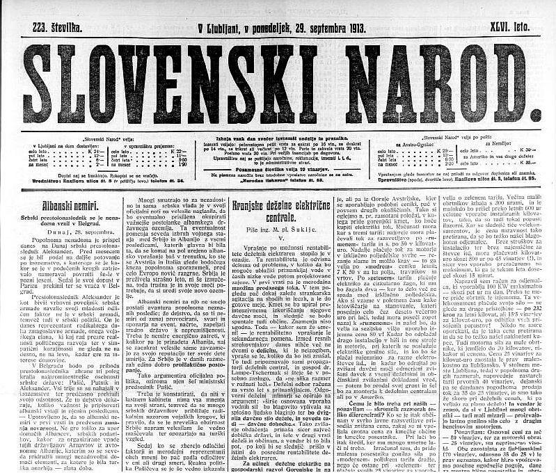 Naslovnica časopisa Slovenski narod, 29. septembra 1913.