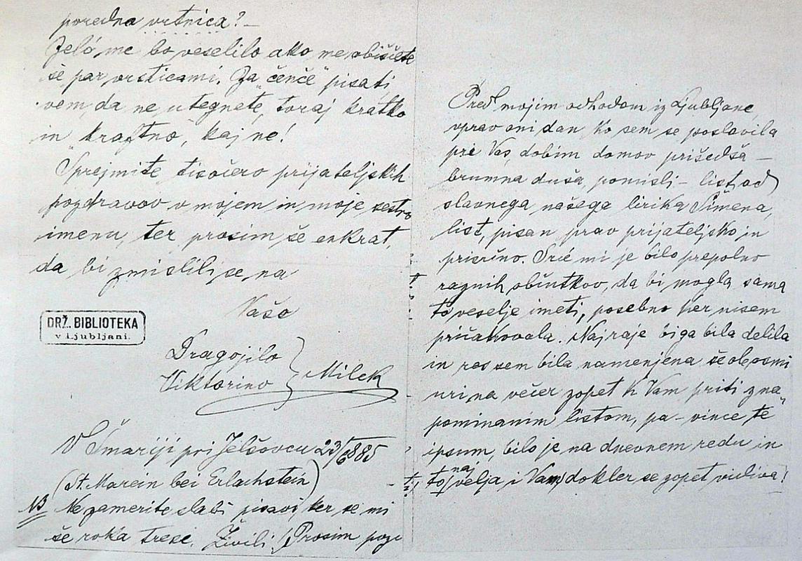 Dragojilino pisanje Josipu Cimpermanu iz leta 1885. Pisma, ki jih je ona prejela od Gregorčiča pa je dala njena sestra Viktorija sežgati.