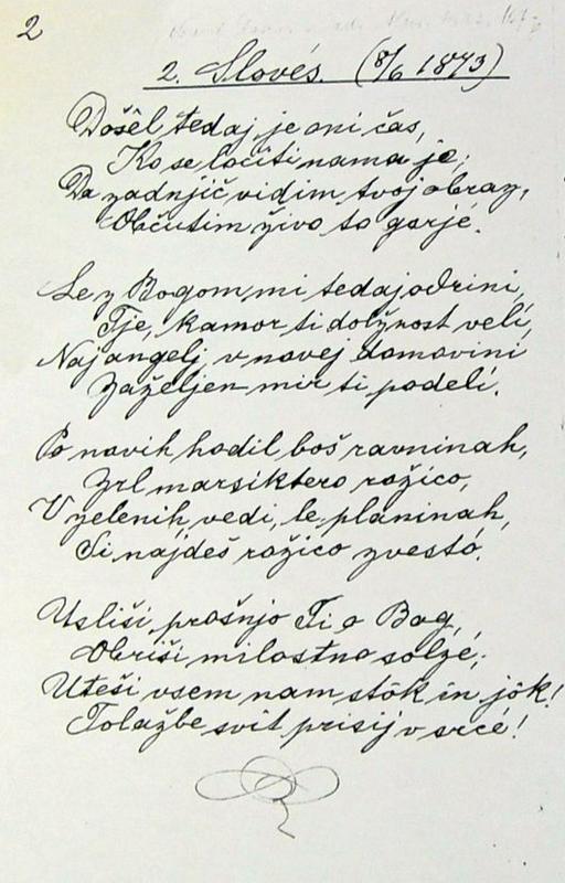 6.	Pesem Slovo, ki jo je Dragojila Milek 8. junija 1873 napisala kmalu po Gregorčičevem odhodu iz Kobarida.