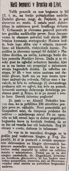 Zapis o novi slovesnosti in kritičnih razmerah v taborišču Bruck ob Litvi. Slovenec 30. junija 1917.