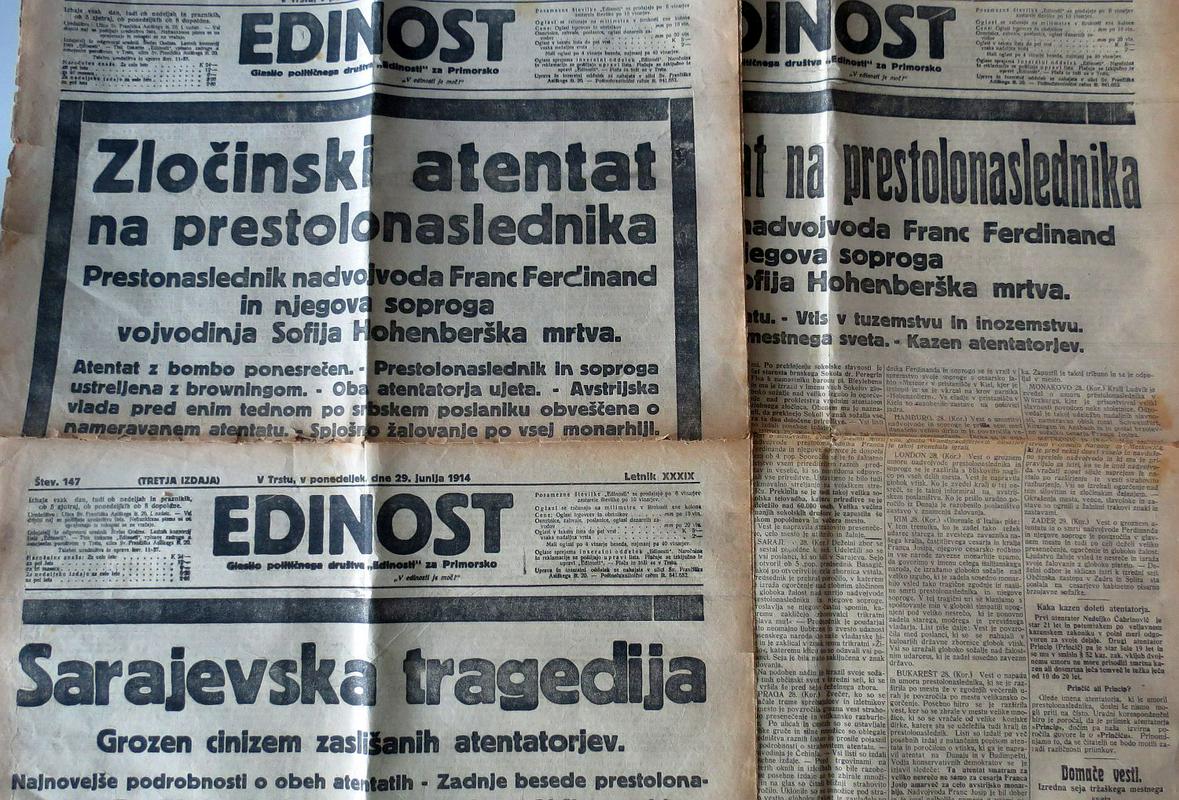 Tržaška Edinost je dan po atentatu pripravila kar tri posebne izdaje - jutranjo, dopoldansko in popoldansko -, kar je posebnost tudi za današnje razmere. Foto: Arhiv avtorja