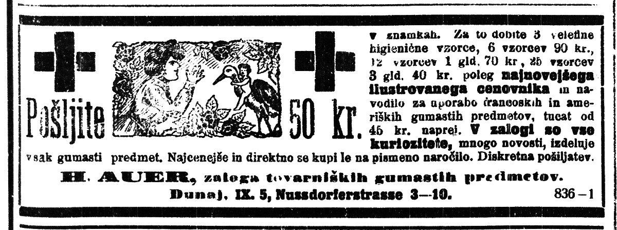 Oglaševanje prodaje kondomov. Slovenski narod, 7. 3. 1908.