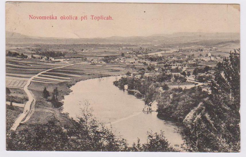 Razglednica s fotografijo okolice Novega mesta med 1. svet. vojno