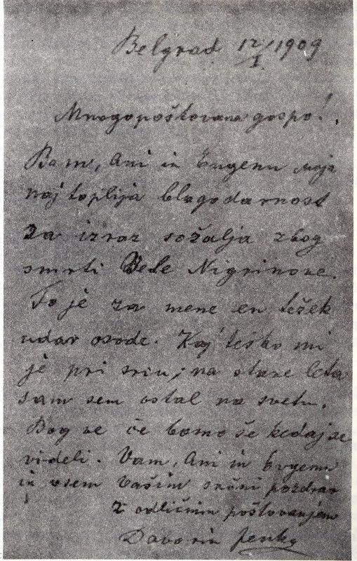 Iz pisma Davorina Jenka vdovi Andreja Vavkna v Cerkljah, kjer se zahvaljuje za izrečeno sožalje ob smrti prijateljice Vele.