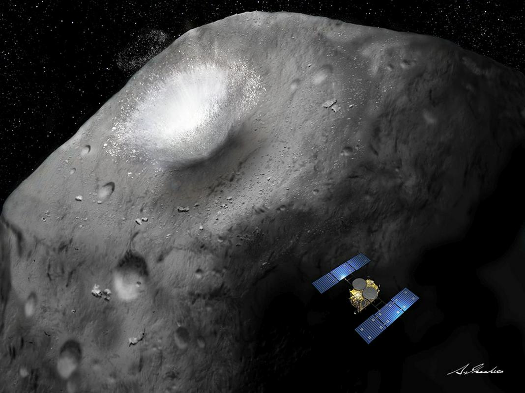 Računalniško nastala podoba Hajabuse 2, ko izvaja obstreljevanje asteroida. Foto: Akihiro Ikešita
