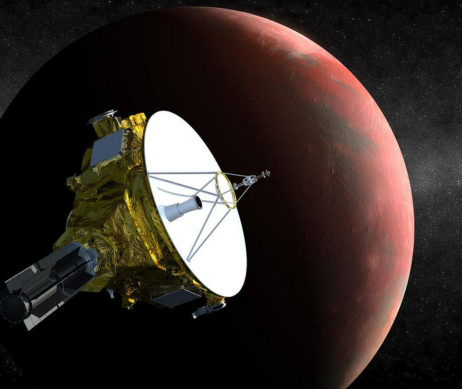 O Plutonu je še ogromno neznanega. Tudi to, zakaj postaja z leti vse bolj rdečkast, imel pa naj bi povsem zamrznjeno, kamnito površino. Podoba sonde in pritlikavega planeta je računalniško generirana. Foto: NASA/Johns Hopkins University
