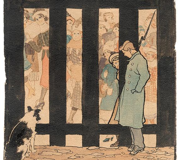 Kljub hudemu pomanjkanju in stiskam umetnik v ujetništvu ni odložil svinčnika in čopiča. Na sliki: Skušnjave pred plotom, 1917, akvarel in tuš/papir, 20 x 13,5 cm. Foto: Pilonova galerija Ajdovščina