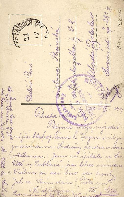 Razglednica češkega ranjenca ki iz bolnišnice v  škofovih zavodih piše v domače kraje.