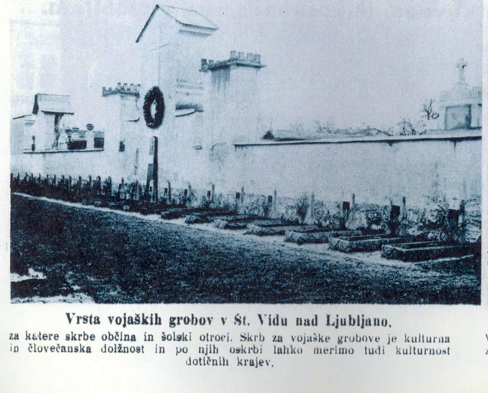 Spomin na vojna leta –nekdanji vojaški grobovi na zadnjem zunanjem zidu v Šentvidu nad Ljubljano.