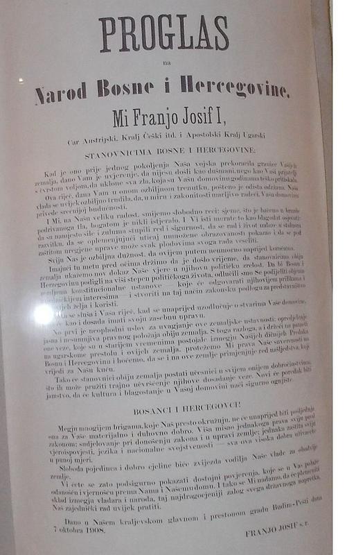 Razglas cesarja Franca Jožefa ob aneksiji Bosne in Hercegovine 1908. Hrani Muzej Sarajeva.