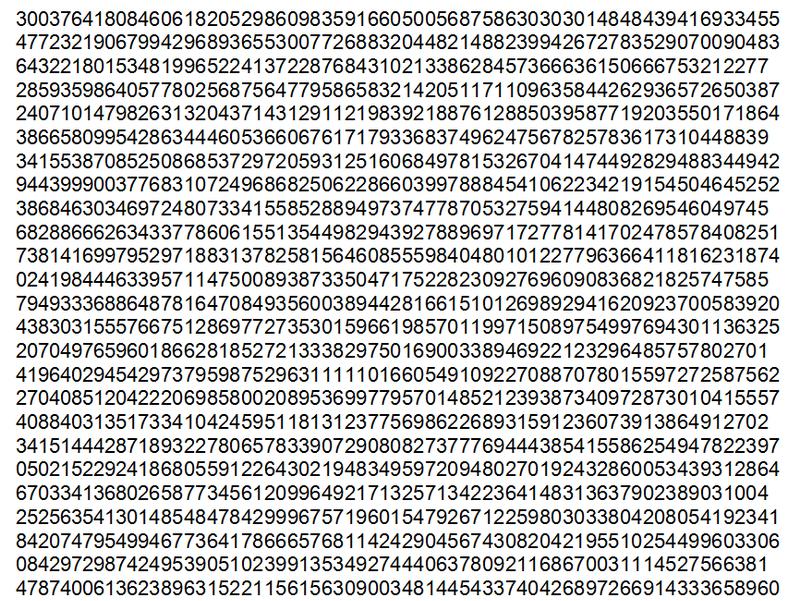Takole se začenja največje znano praštevilo (kliknite na sliko za ogled v višji ločljivosti). Leta 1456 je bilo največje znano praštevilo 8191. V 18. stoletju je Leonhard Euler našel prvo praštevilo, ki je bilo večje od ene milijarde. Leta 1951 je bilo odkrito največje praštevilo brez pomoči računalnika (to število ima 44 mest). Novi rekorder ima več kot 22 milijonov mest! Foto: MMC RTV SLO