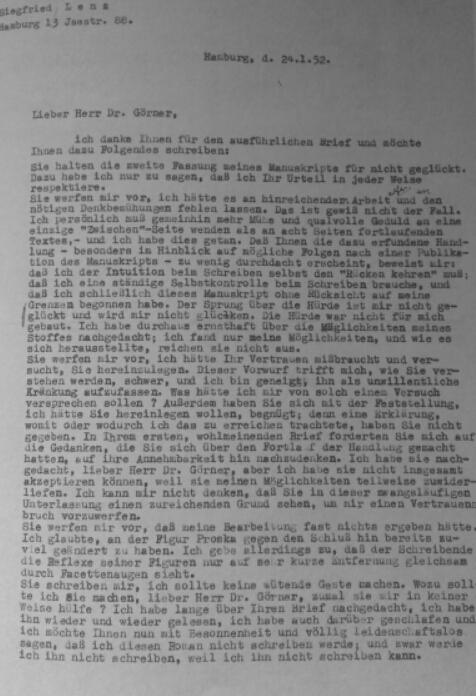 Pismo Siegfried Lenza lektorju dr. Görnerju (datirano 24. 1. 1952)
