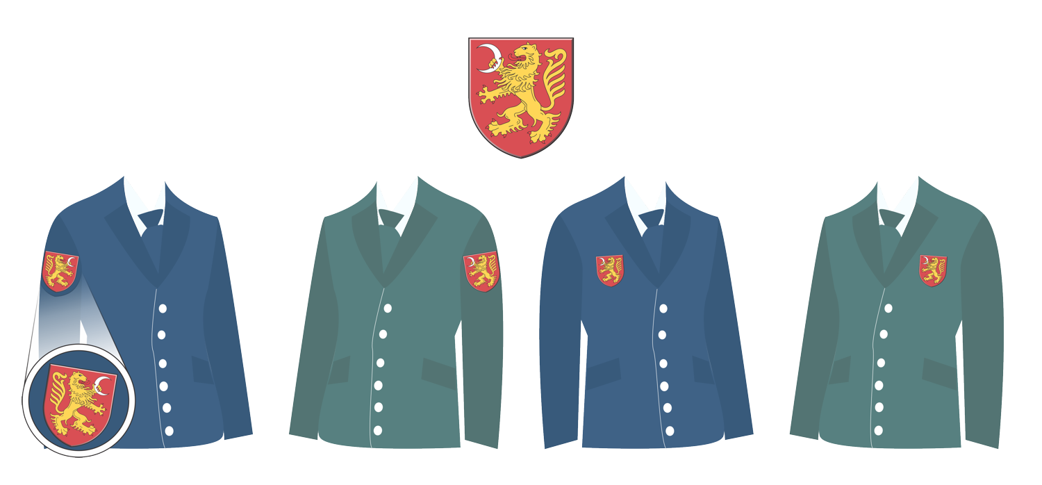 Nesimetrični atributi v grbu gledajo vedno v smer premikanja, če so prišiti na boku oziroma rokavu. Na prsih pa levo oziroma heraldično desno.