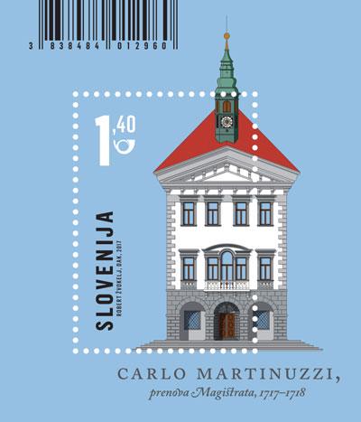 Carlo Martinuzzi (rojen ok. 1673 v Čedadu (?), umrl 1726 v Kopru) je bil vodilni arhitekt na Kranjskem v zgodnjem 18. stoletju in od leta 1710 naprej tudi deželni stavbni mojster. Poleg Magistrata sta njegovi najpomembnejši ljubljanski deli veliko poslopje Semenišča in uršulinska cerkev. Foto: Pošta Slovenije
