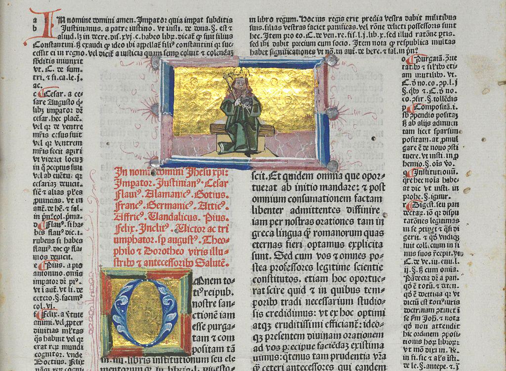 Upodobitev cesarja Justinijana v delu Corpus iuris civilis nad rubriko, ki našteva zakonodajalce. (Nürnberg: Anton Koberger, 22. november 1482.) Foto: NUK