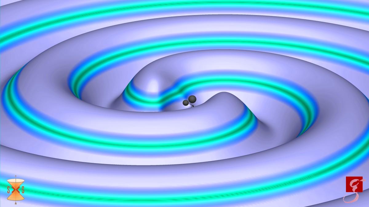 Ponazoritev dogajanja med združevanjem dveh črnih lukenj (na sredini) in motenj v času-prostoru naokoli. Ni nepomembno, da so s prvo zaznavo težnostnih valov tudi prvič dokazali obstoj črnih lukenj. Foto: LIGO