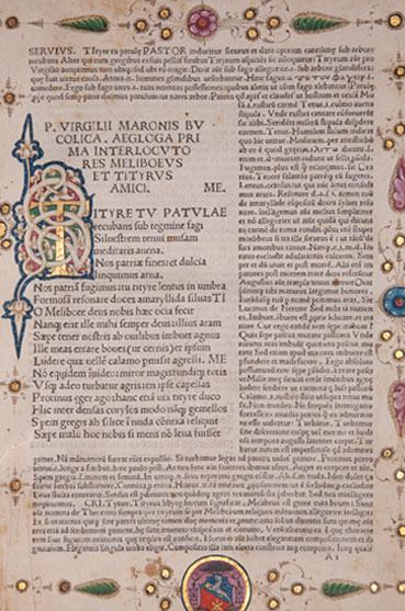 Vergil: Bukolika in georgika s komentarj;, Novo mesto, Knjižnica Mirana Jarca, sign. II 1807, florentinski knjižni slikar, 1487.