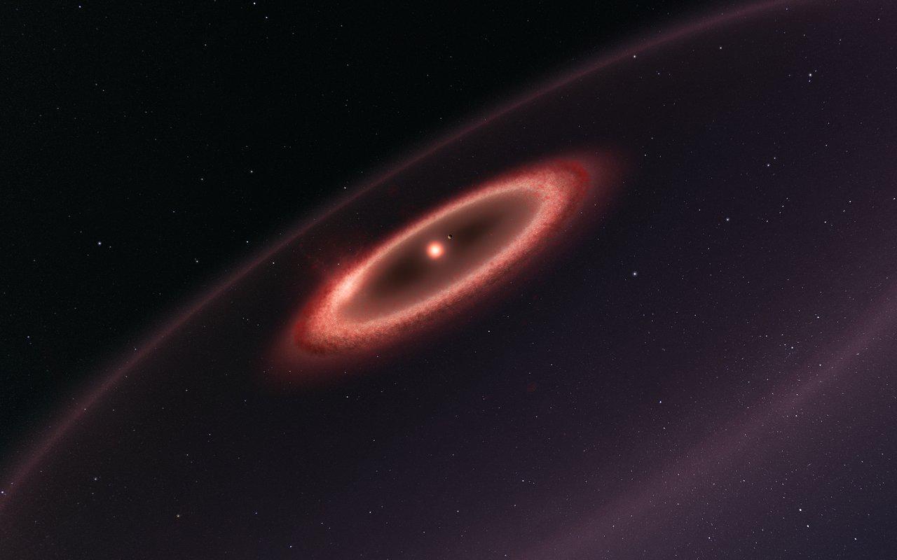 Tako si umetnik pri Evropskem južnem observatoriju predstavlja Proksimo Kentavro (na sredini), planetek tik ob njej ter dva obroča prahu in skalovja. Foto: ESO/M. Kornmesser