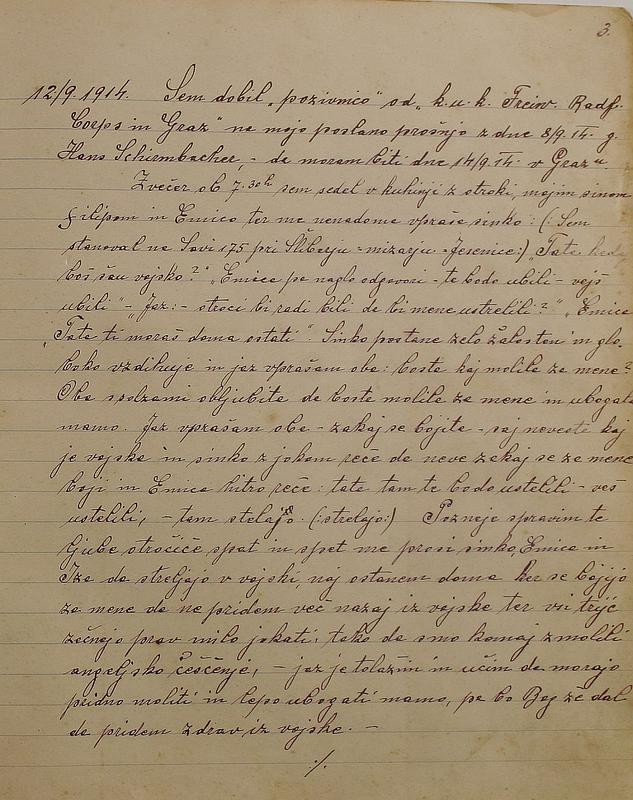 Prva stran Jurkovičevega dnevnika iz prve svetovne vojne. Foto: Arhiv družine Weixler