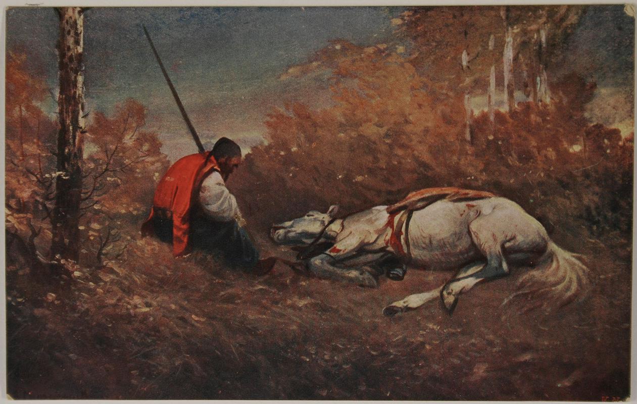 Razglednica, poslana s fronte. Ker konj poje desetkrat več kot človek, je dobava sena pomenila veliko breme. Foto: Osebni arhiv družine Weixler