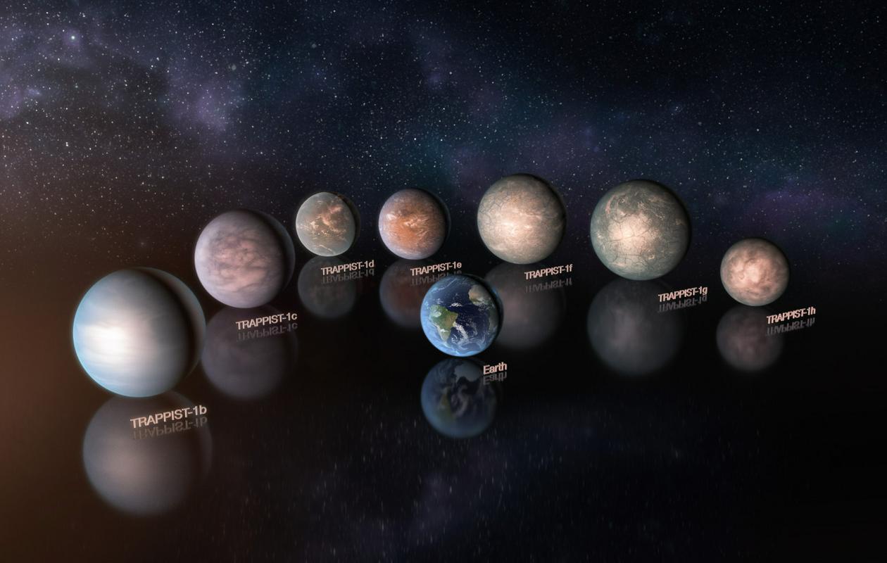 Ilustracija iz sistema Trappist-1. Analize nakazujejo, da so tamkajšnji planeti bogati s hlapnimi snovmi, najverjetneje vodo. Kot nalašč za Jamesa Webba.  Foto: ESO/M. Kornmesser
