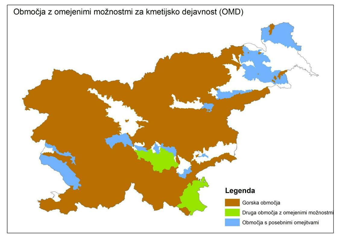 V Sloveniji približno 85 odstotkov površin spada med območja z omejenimi možnostmi za kmetijsko dejavnost. Brez omejitev so le bele lise na zemljevidu. Foto: Ministrstvo za kmetijstvo, gozdarstvo in prehrano