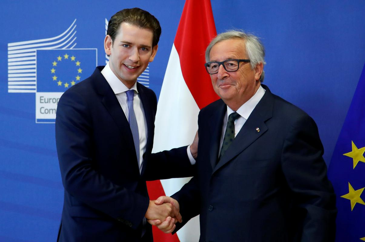 Avstrijski kancler Kurz je predsedniku Evropske komisije Junckerju predstavil svoje ideje o poenotenju migracijske politike v EU-ju, med katerimi je postavitev skupnega centra izven Unije za zavrnjene prosilce za azil in strožje varovanje zunanjih meja. Foto: Reuters