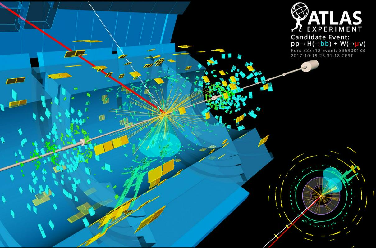 Higgsovega bozona ne morejo zaznati neposredno, temveč ostanke njegovega razpada. V tem dogodku so našli dva kvarka b (z modro), pri tem še en bozon razpade na muon in nevtrino (z rdečo). Foto: ATLAS/CERN