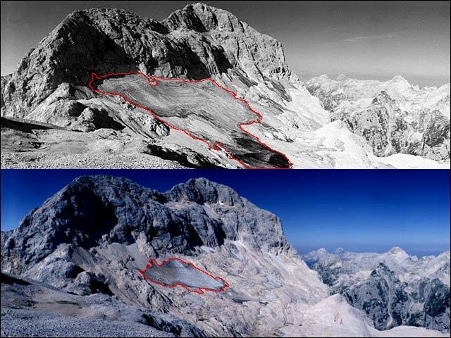 Triglavski ledenik nekoč in danes. Foto: Radio Koper/dedi