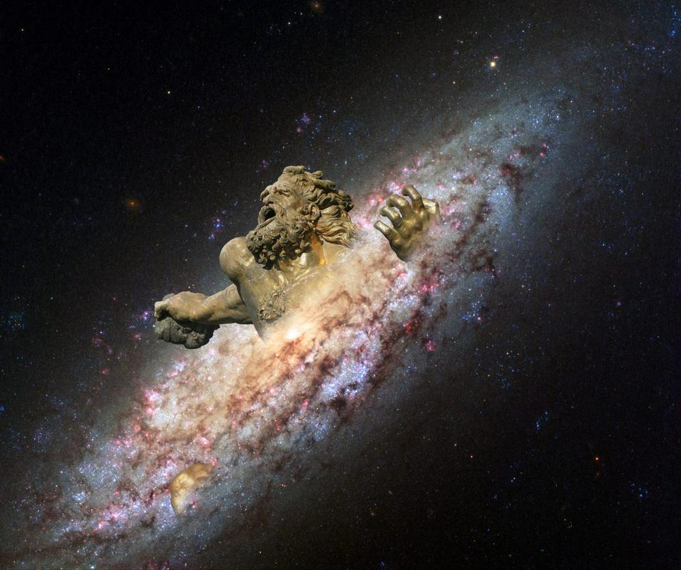 Zelo umetniška ponazoritev Gaie-Enkelada, ki ga požira naši podobna galaksija. Foto: René van der Woude, Mixr.nl