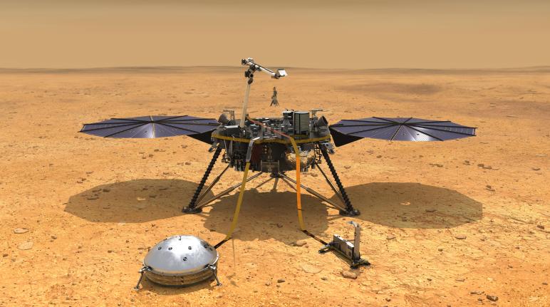 Računalniška podoba sonde Insight na Marsu. Foto: NASA/JPL-Caltech