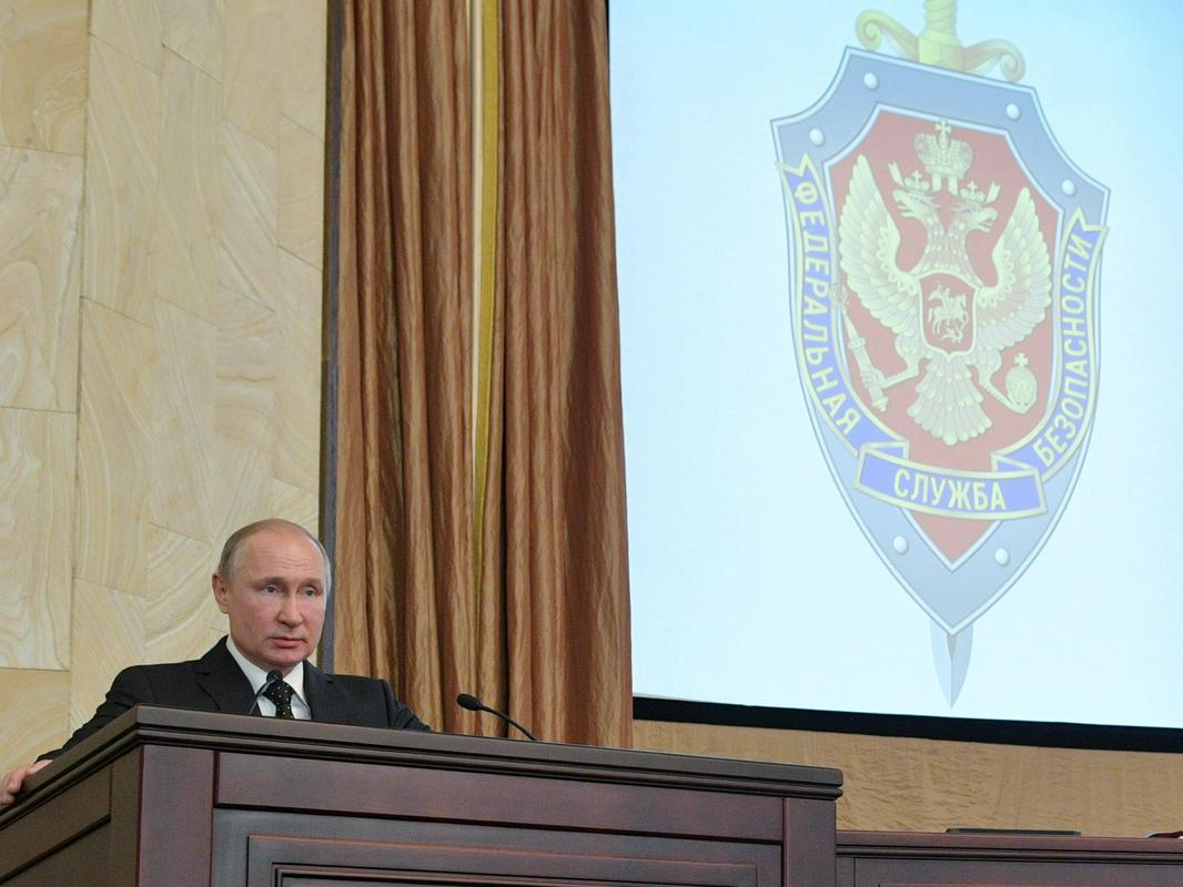 Ruski predsednik Vladimir Putin med rednim letnim nagovorom uslužbencev ruske obveščevalne službe FSB. Foto: Reuters