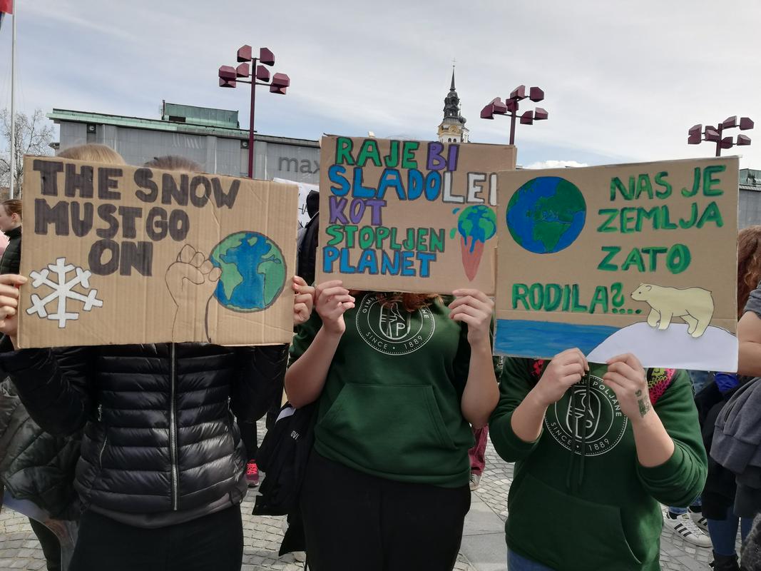 Mladi so na Podnebni štrajk prišli s številnimi domiselnimi transparenti. Foto: MMC RTV SLO/Larisa Daugul
