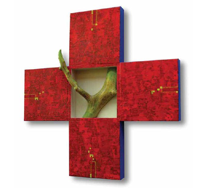 Križ (Asemblaž), akril in kolaž na lesu, 2011. Foto: Katalog Klavdij Tutta - Zmaga svetlobe