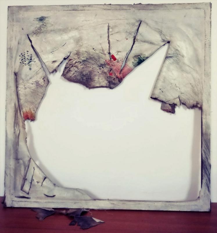 Dalibor Bori Zupančič, Brez naslova kot uničenje 23-5-72 / 1972, 120 cm x 120 cm, uničena oljna slika na platnu. Foto: Moderna galerija
