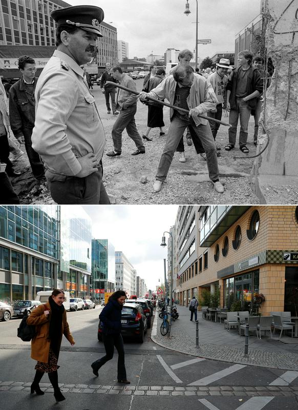 Markgrafen Strasse/Rudi-Dutschke Strasse v Berlinu – leta 1989 ob rušenju zidu in danes. Foto: Reuters