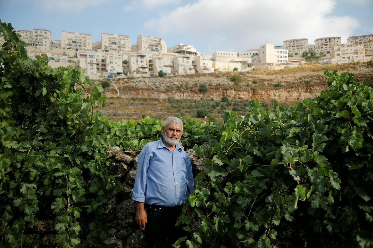 Slika prikazuje 64-letnega Palestinca Mohameda Avada na njegovi kmetiji v vasi Vadi Fukin. V ozadju je nezakonita judovska naselbina Beitar Ilit. Naselbine so zgrajene na palestinskem ozemlju in palestinskim lastnikom in kmetom onemogočajo dostop do njihove zemlje. Tako povzročajo Palestincem tudi ogromno gospodarsko škodo. Medtem ko uvozi EU letno za več sto milijonov evrov blaga iz teh naselbin, ki Palestincem na območju onemogočajo normalno življenje, je evropski uvoz izdelkov palestinskih proizvajalcev na palestinskem ozemlju zelo skromen. Foto: Reuters