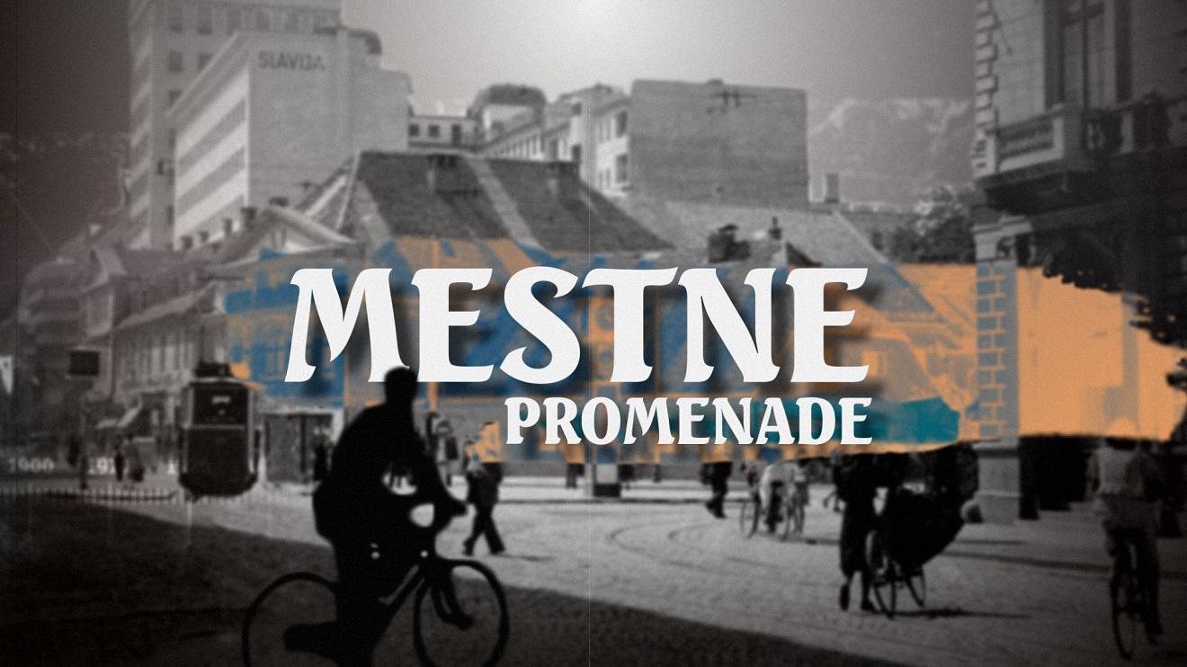 Fotografija iz uvodne špice serije Mestne promenade. V ozadju črno-bela fotograifja mestnega utripa, v ospredju naslov Mestne promenade. Foto: arhiv TV Slovenija