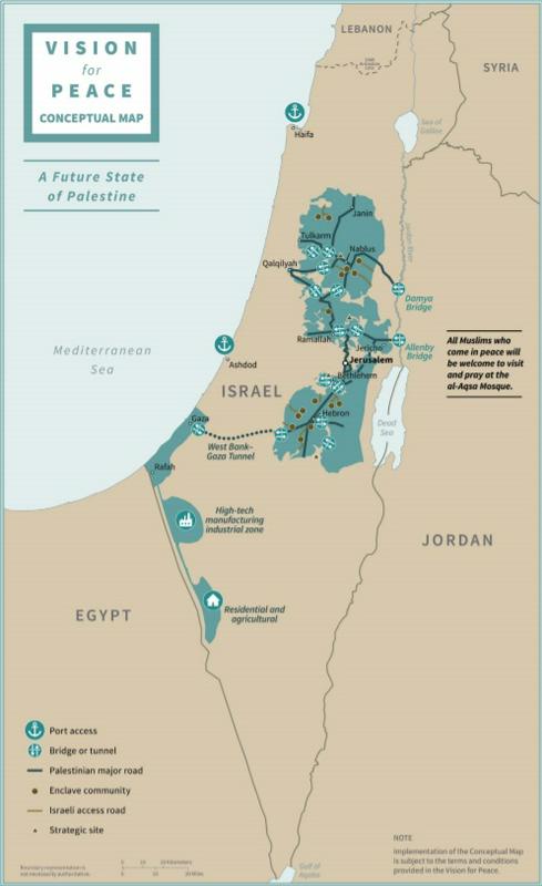 Izrael zdaj obstaja na 78 odstotkih nekdanje mandatne Palestine (ozemlje med Sredozemskim morjem in reko Jordan), preostalih 22 odstotkov pa je pod njegovim vojaškim nadzorom od leta 1967. Zemljevid, ki je del Trumpovega načrta, prikazuje ameriško-izraelsko vizijo 