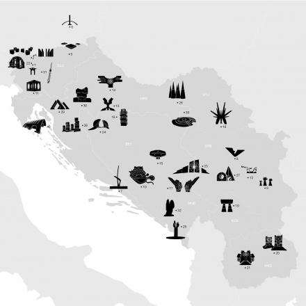 Zemljevid izbranih spomenikov je ob razstavi Arhitektura. Skulptura. Spomin. Umetnost spomenikov Jugoslavije 1945–1991, ki je bila lani na ogled v Galeriji Dessa, pripravila Eva Mavsar. Foto: Galerija Dessa