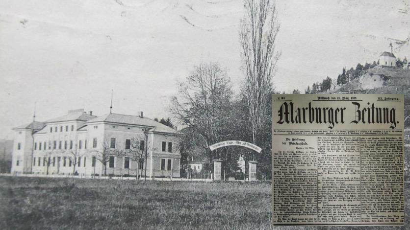 Foto: Radio Maribor/Stane Kocutar, osebni arhiv: Nova stavba Deželne sadjarske in vinarske šole Maribor leta 1905