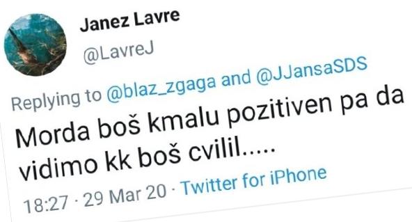 Sporni tvit Janeza Lavreta je medtem skupaj z njegovim profilom izbrisan. Foto: Twitter